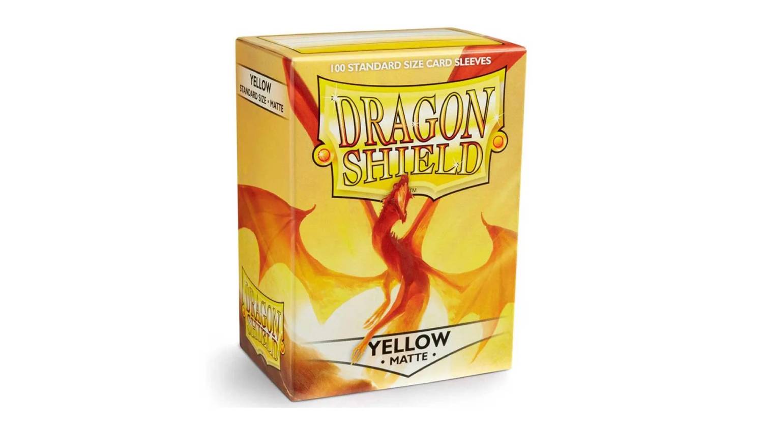 A box containing 100 Dragon Shield protective card sleeves in matte yellow colour.
