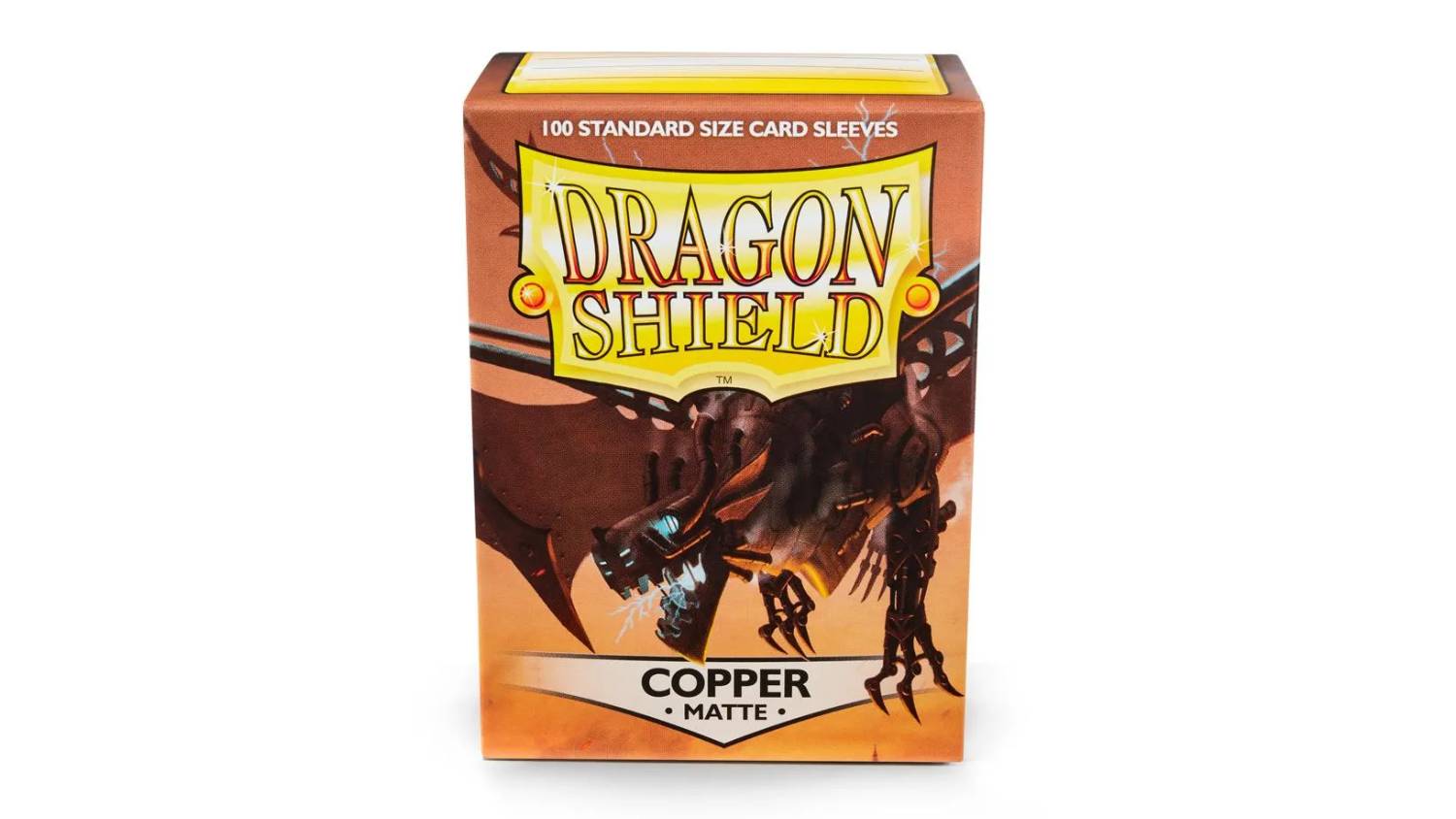 A box containing 100 Dragon Shield protective card sleeves in matte copper colour.