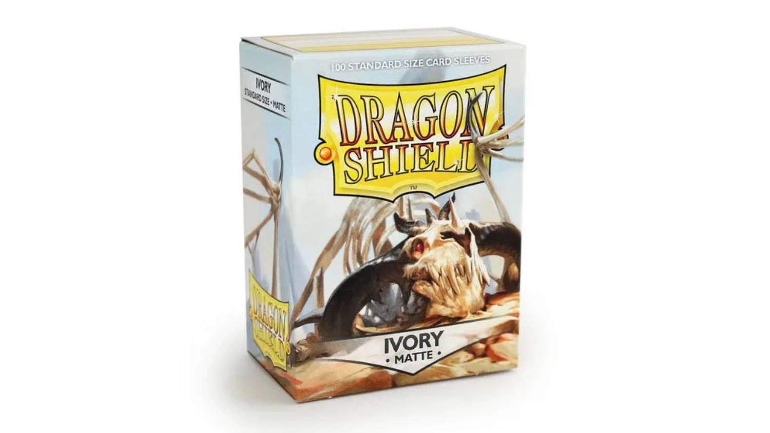 A box containing 100 Dragon Shield protective card sleeves in matte ivory colour.