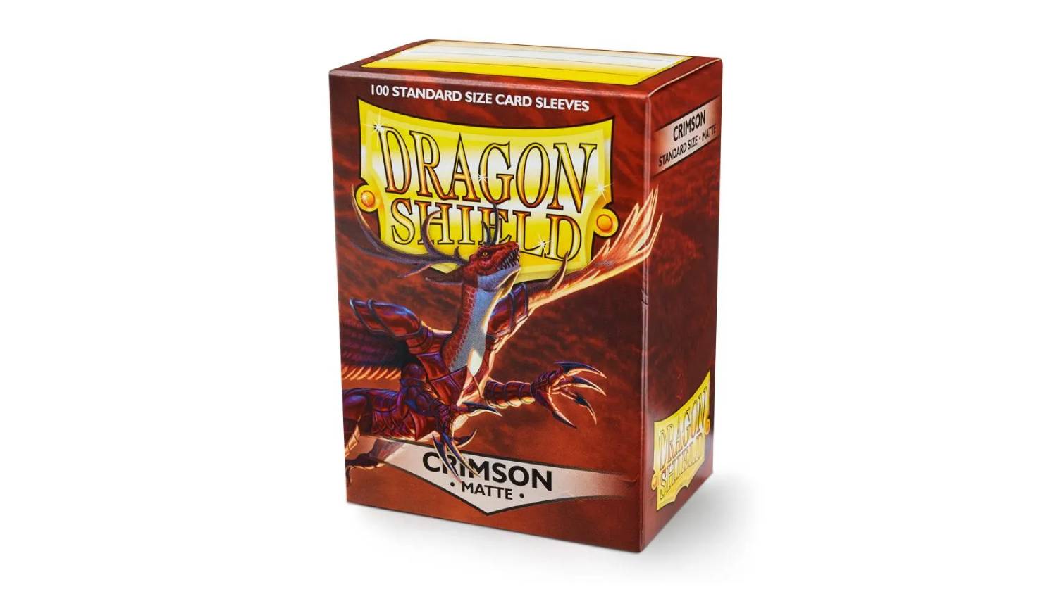 A box containing 100 Dragon Shield protective card sleeves in matte crimson colour.