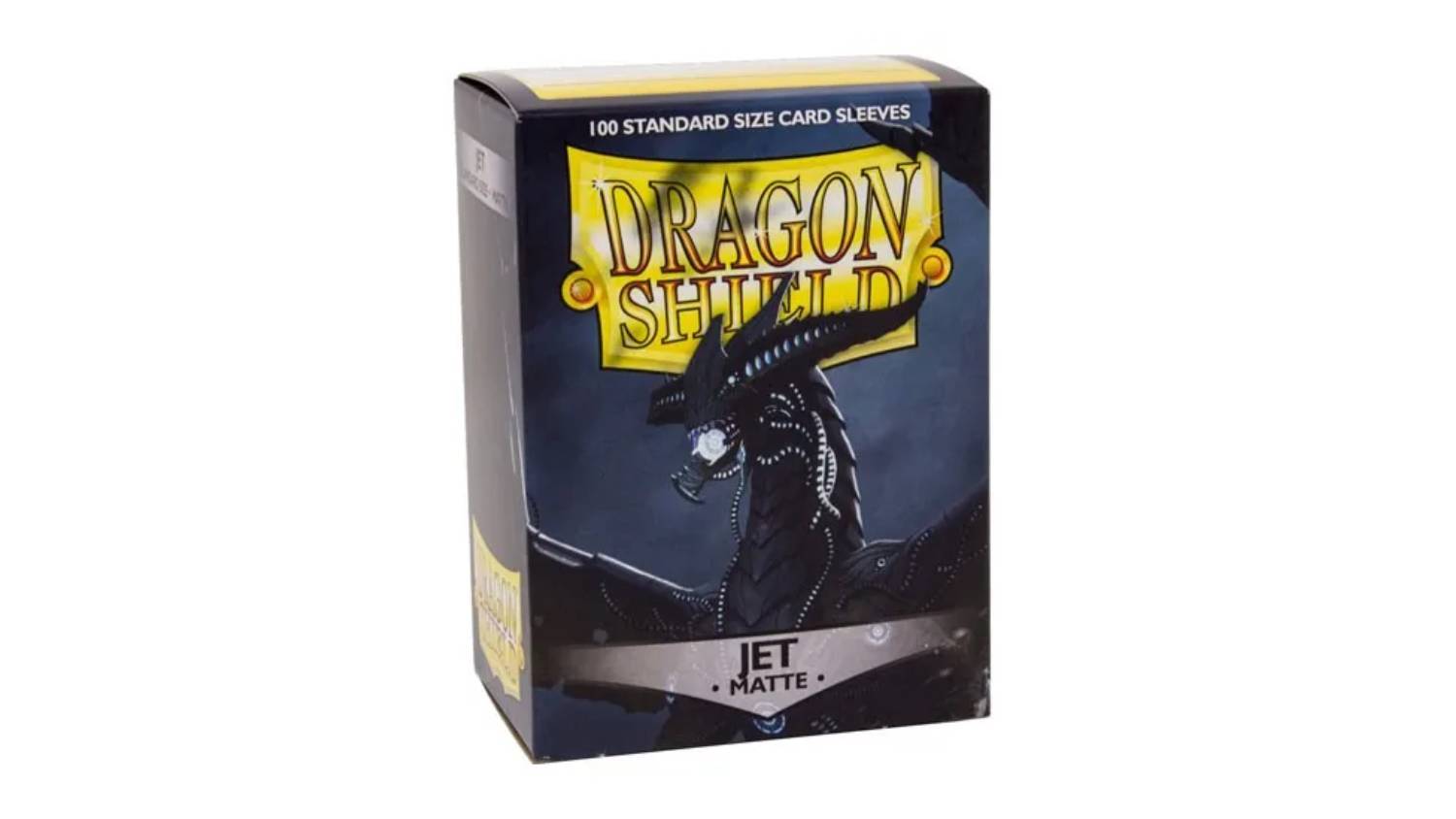 A box containing 100 Dragon Shield protective card sleeves in matte jet black colour.