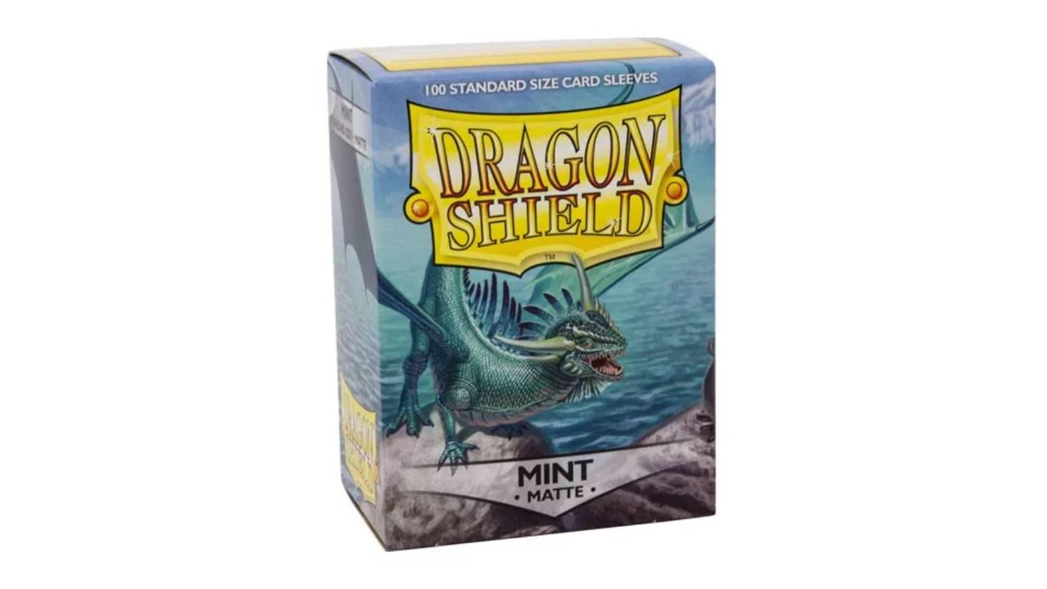 A box containing 100 Dragon Shield protective card sleeves in matte mint colour.