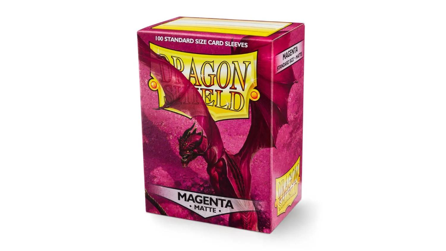 A box containing 100 Dragon Shield protective card sleeves in matte magenta colour.
