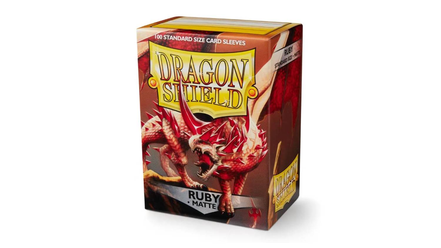 A box containing 100 Dragon Shield protective card sleeves in matte ruby colour.