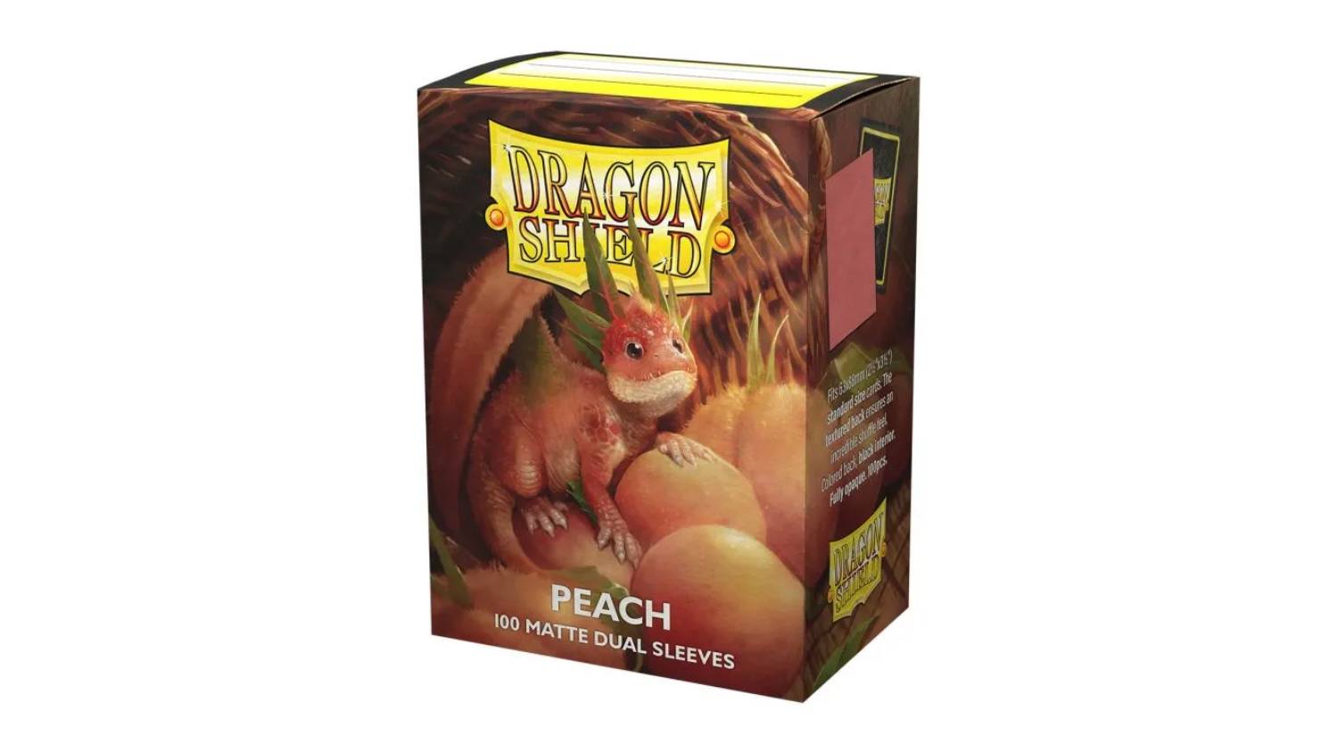 A box of 100 Dragon Shield matte dual peach protective card sleeves.