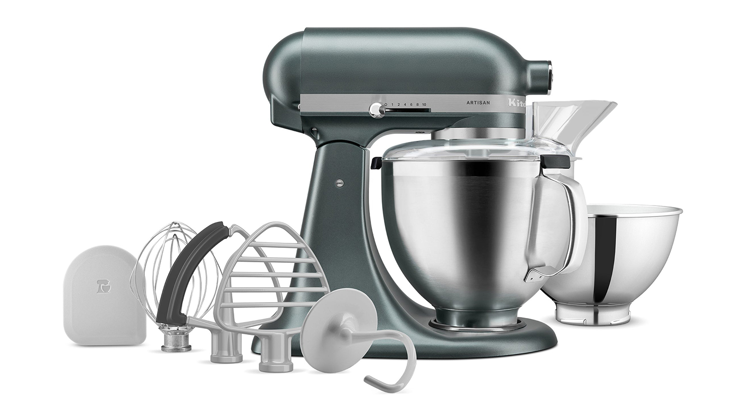 The KitchenAid stand mixer is shown together with bowls, whisk, beaters, and a hook.
