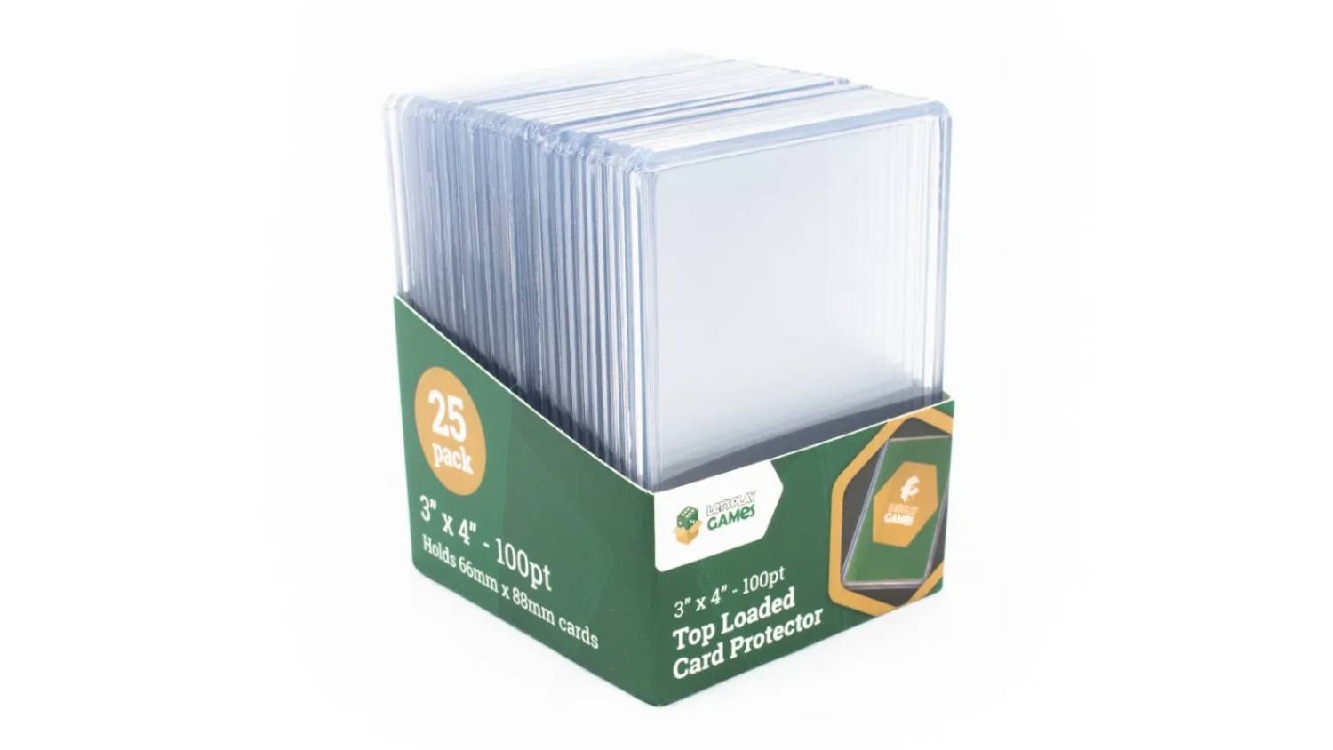 A pack of 25 top-loader card protectors, measuring 3 by 4 inches and 35pt thickness.