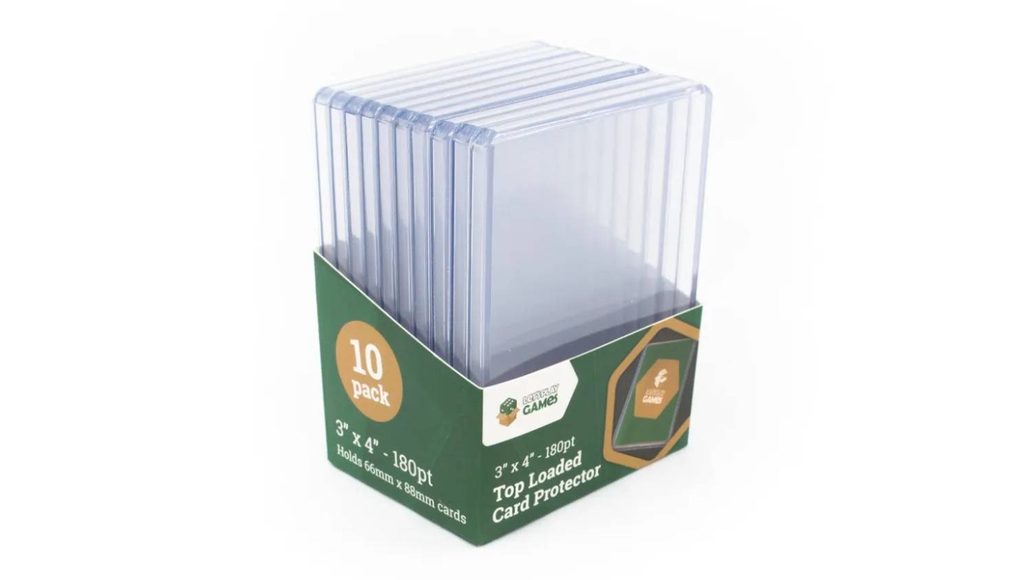 A pack of 10 top-loader card protectors, measuring 3 by 4 inches and 35pt thickness.