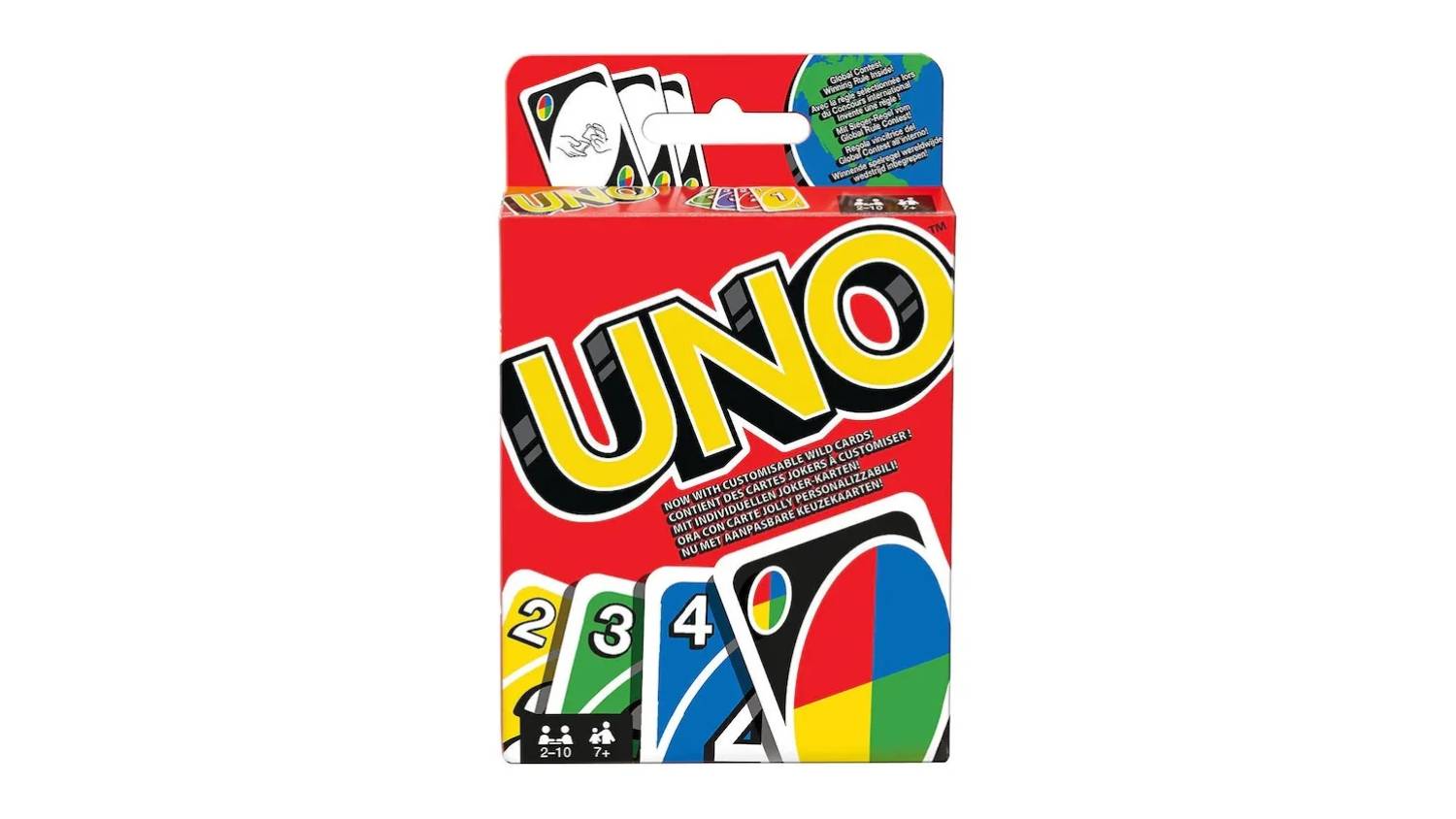 A classic UNO box featuring colourful cards.