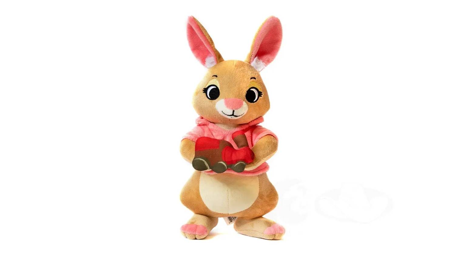 A plush kangaroo toy in a pink hoodie holding red and brown boots.