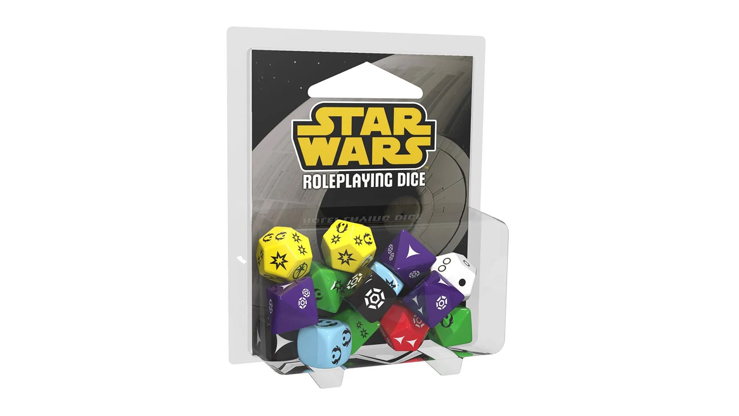 A retail package of Star Wars’ Roleplaying Dice