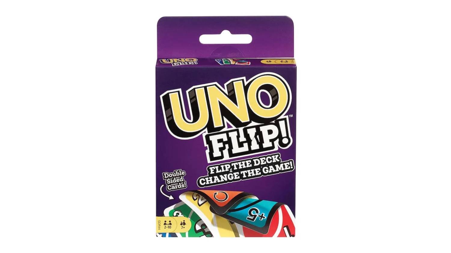 An UNO Flip! box with purple background and double-sided cards.