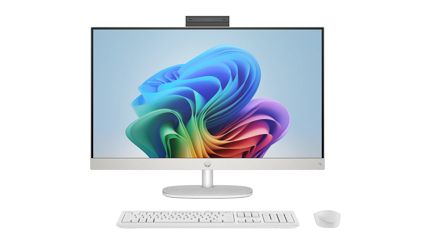 Front view of a sleek, white HP all-in-one desktop with included keyboard, mouse, and webcam.