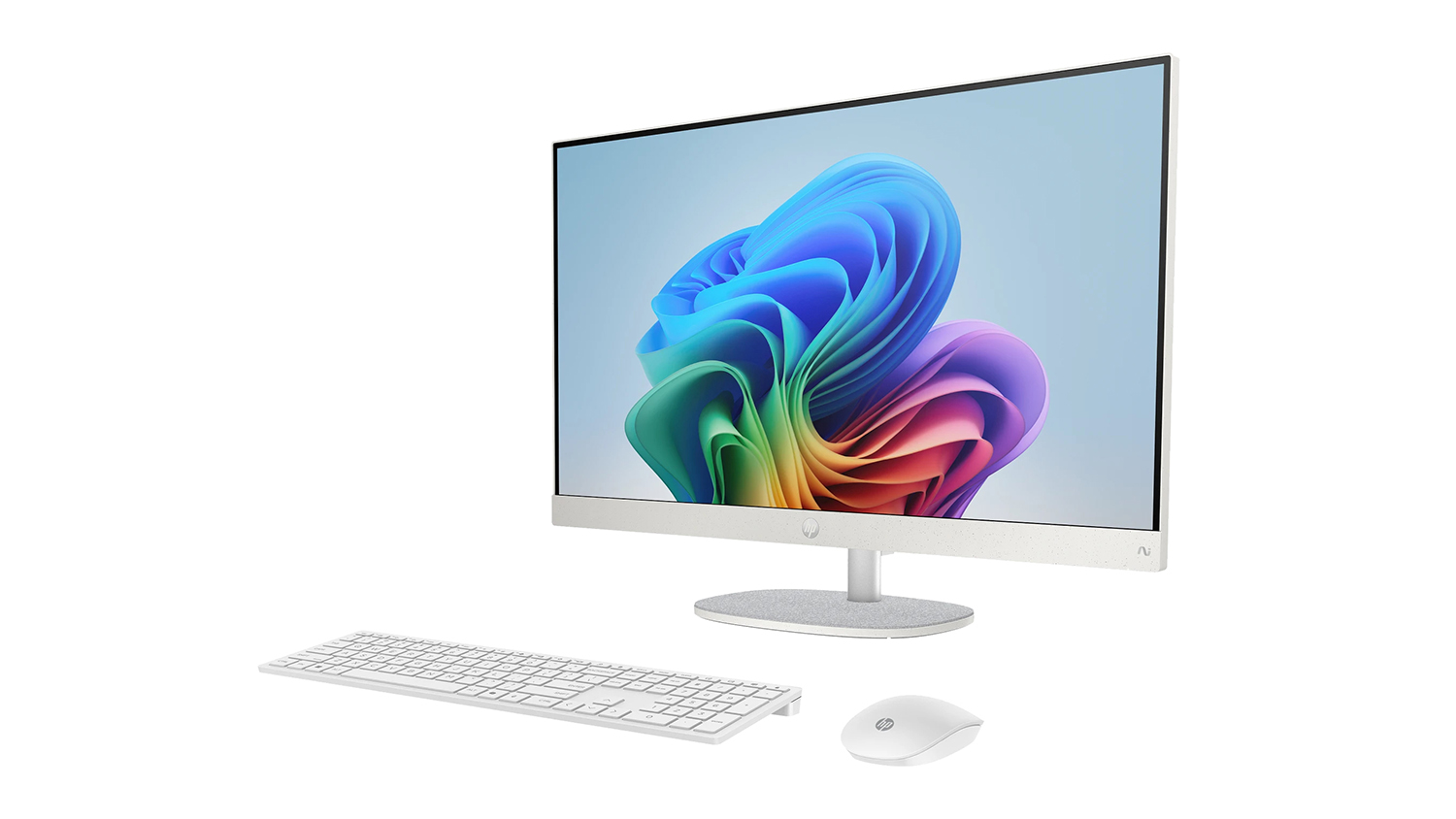 Angled view of a white HP Desktop, facing left.