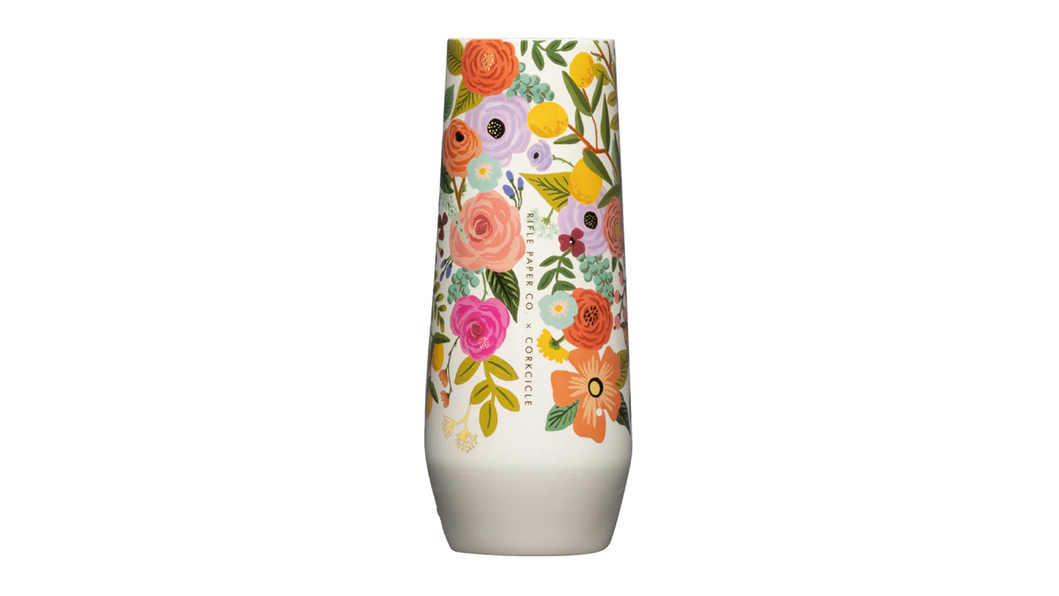 A tall tumbler with a vibrant floral pattern.