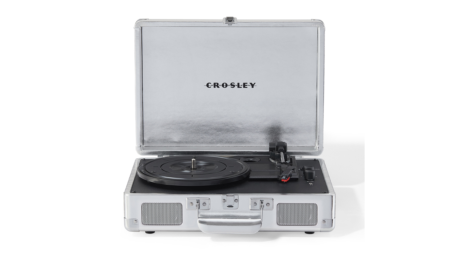 A vintage-style Crosley turntable in a silver case.