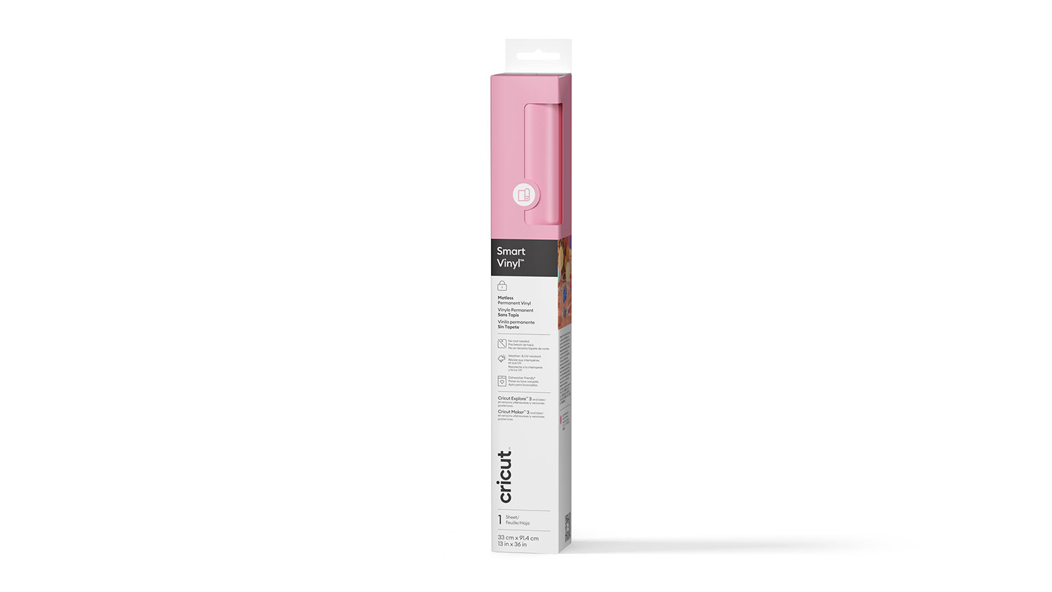 A light pink box of Cricut Smart Vinyl stands vertically.