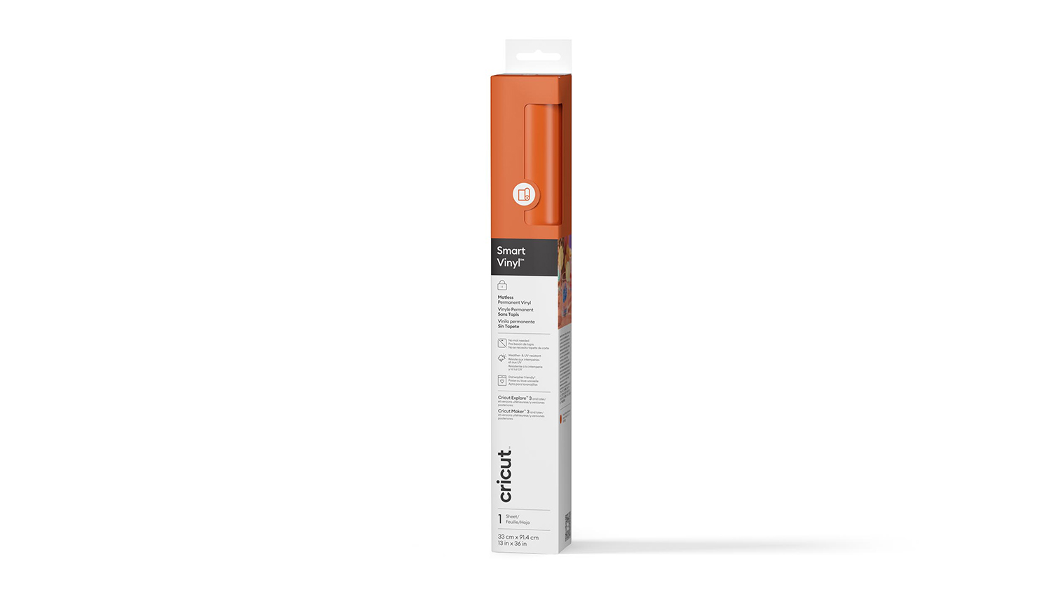 A orange box of Cricut Smart Vinyl stands vertically.