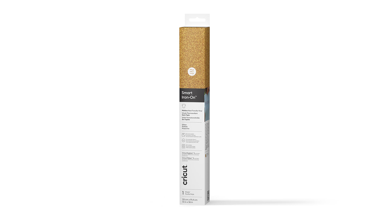 A product box of an iron-on Cricut Smart Vinyl in glitter gold colour.