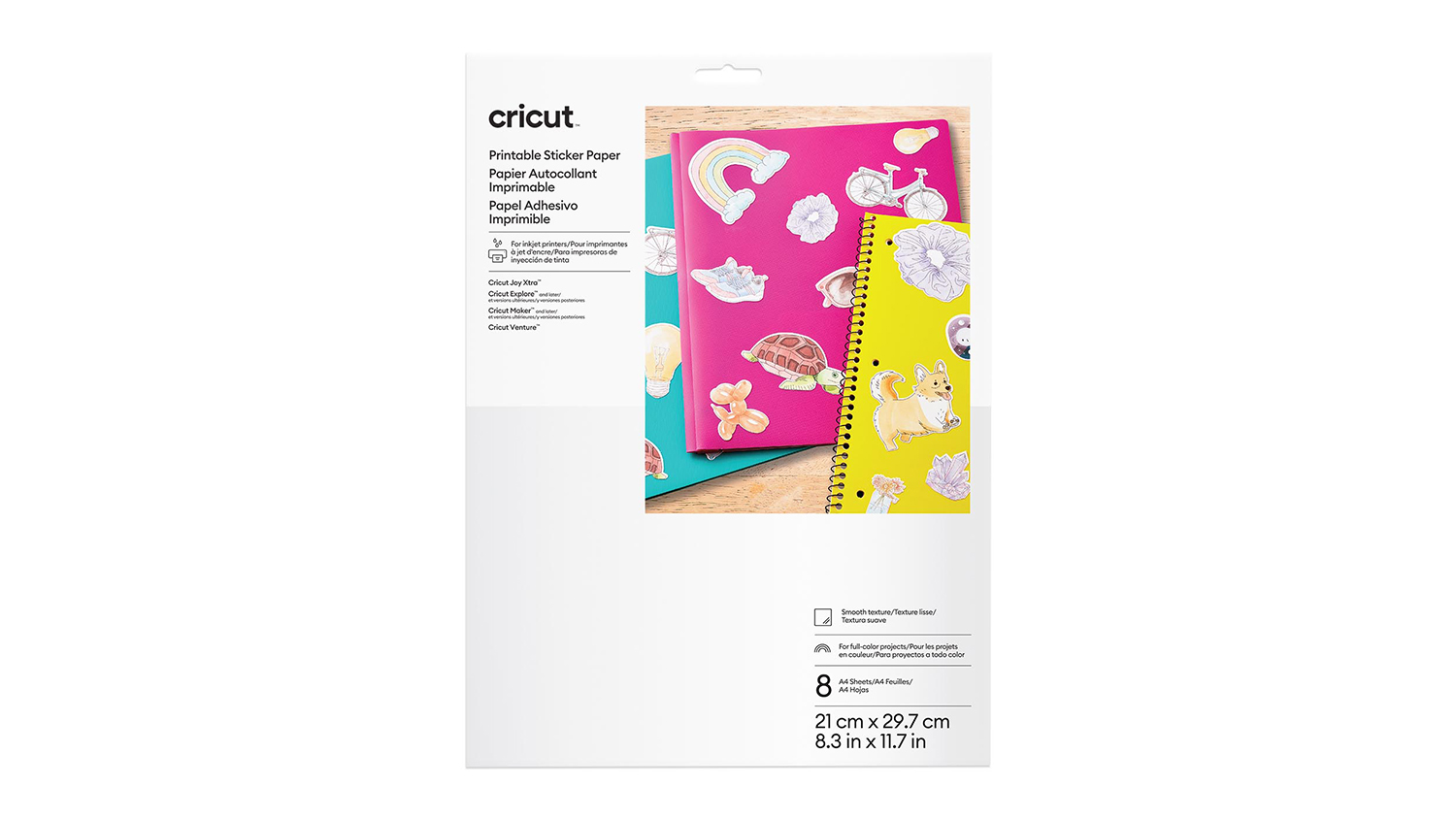 The Cricut Printable Sticker Paper packaging is shown with colourful stickers on notebooks.