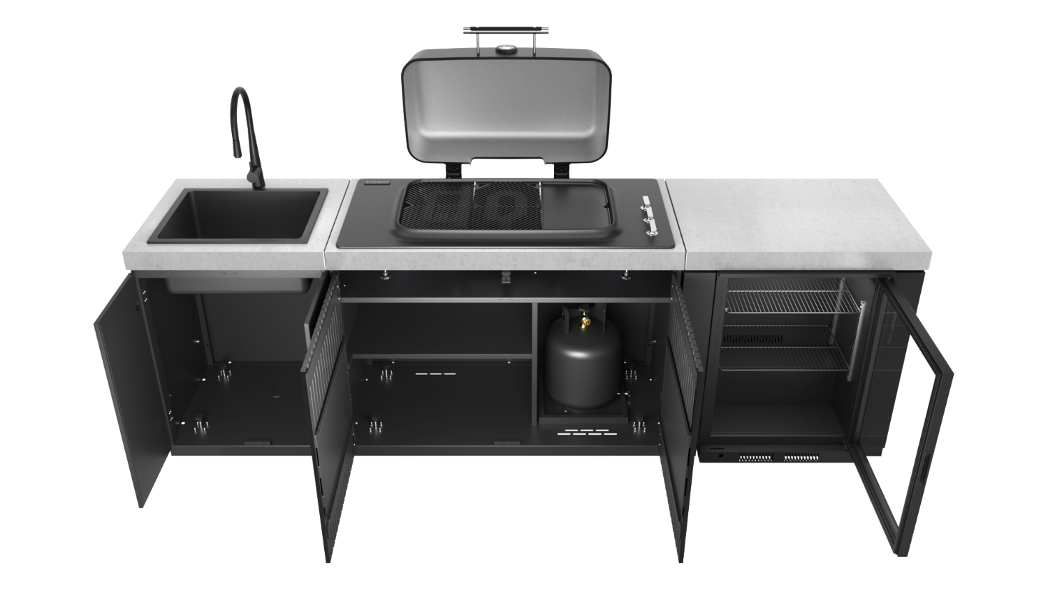 A multi-functional BBQ kitchen with all doors open, showing its internal storage.