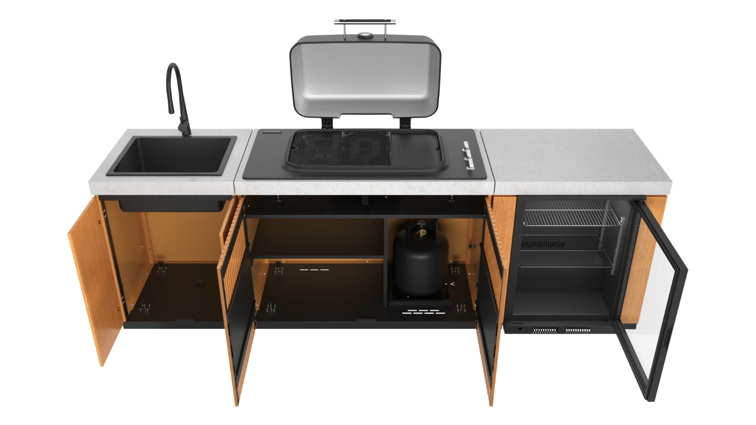 A multi-functional BBQ kitchen with all doors open, showing its internal storage.