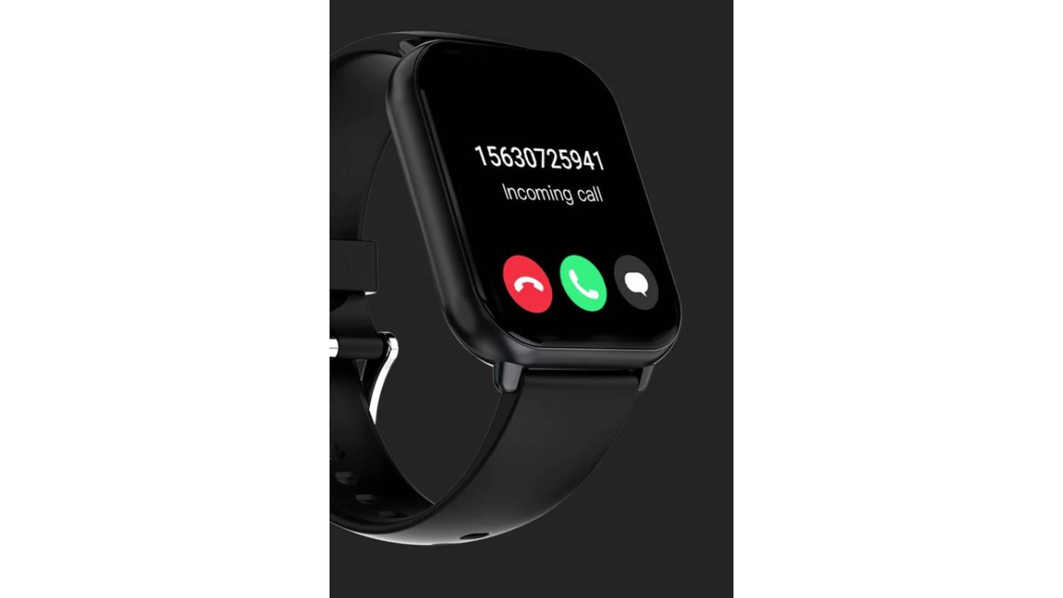 A black smartwatch screen displaying an incoming call with accept and decline options.