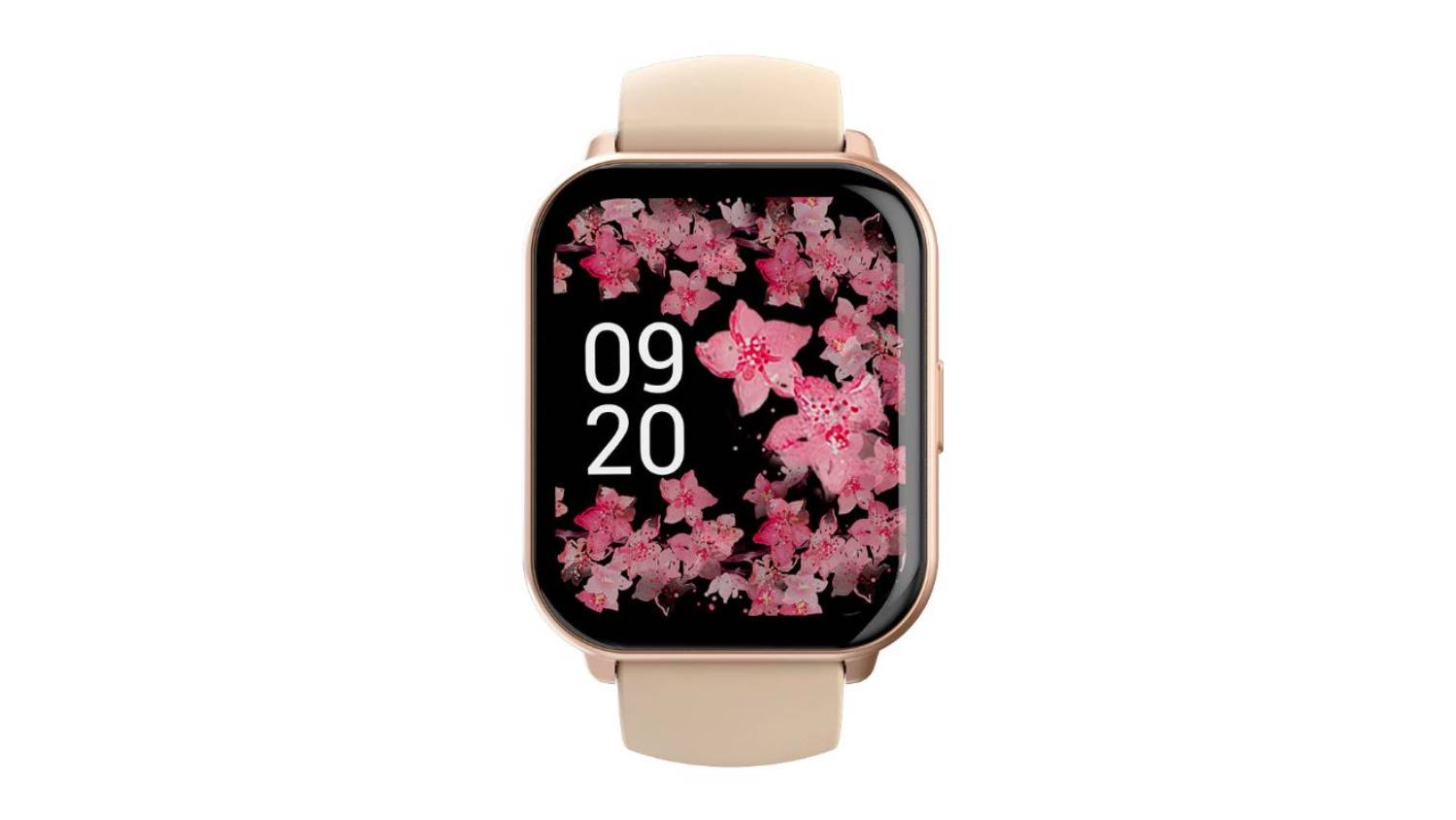 A close-up shot of a pink smartwatch.