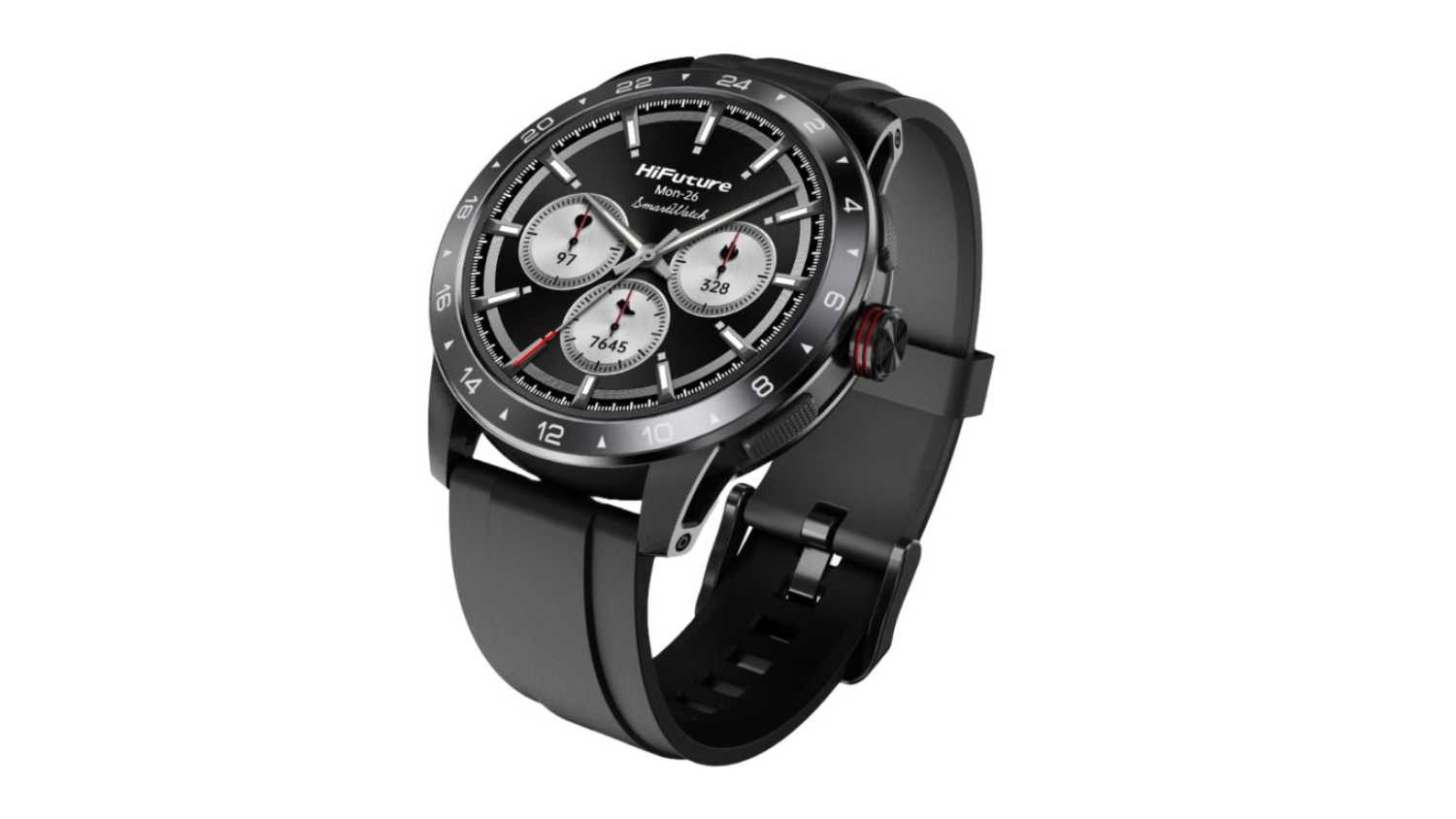 A black HiFuture Flex2 smartwatch with a black silicone strap is angled to show its round face.