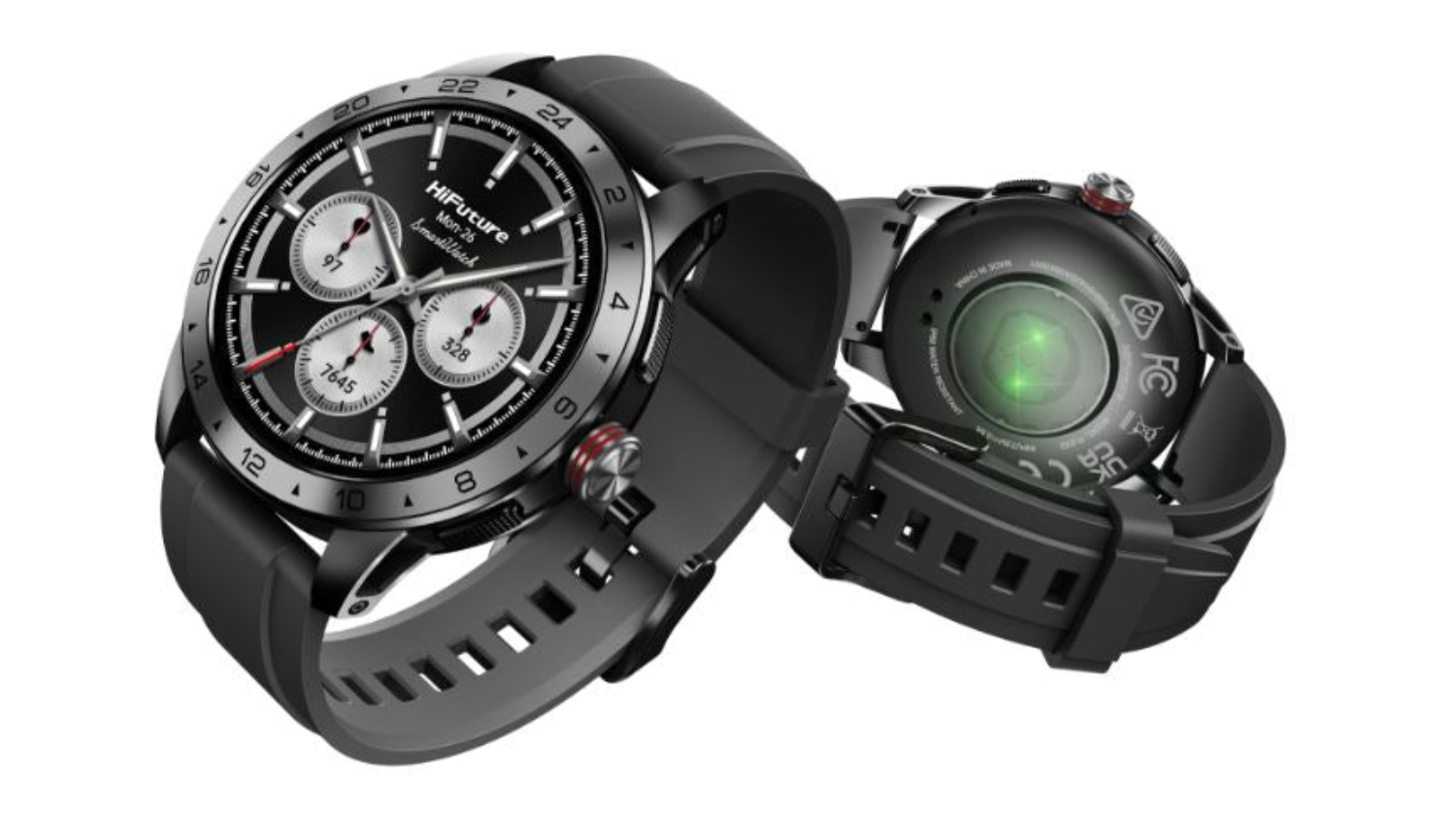 Two black smartwatches with round faces and silicone straps.