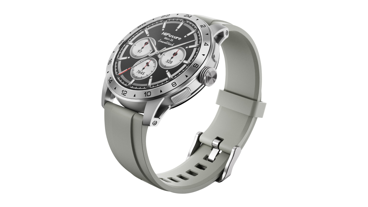A silver HiFuture Flex2 smartwatch with a grey silicone strap is angled to show its round face.