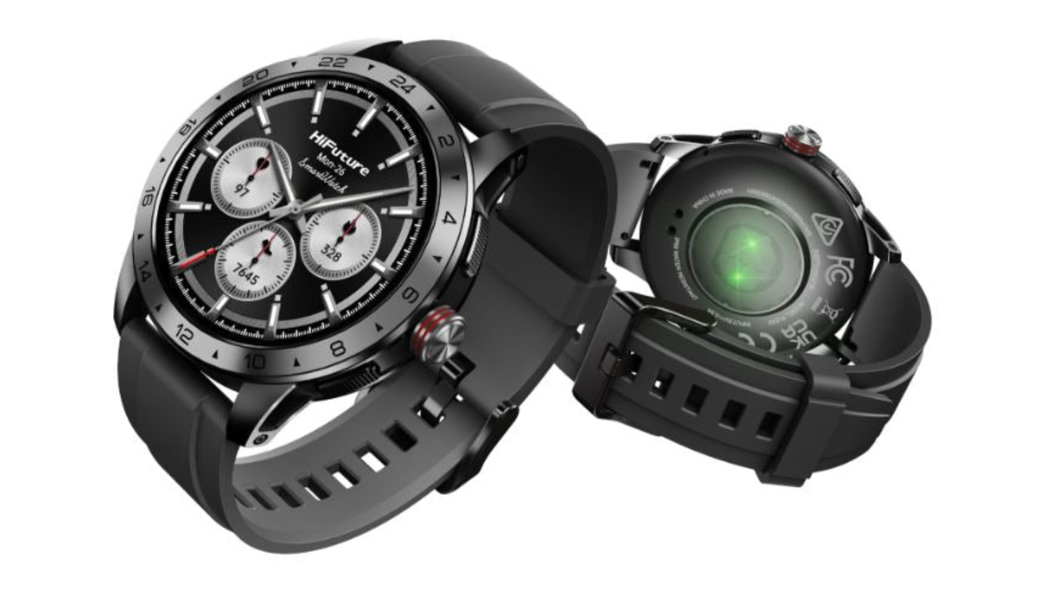 Two smartwatches with round faces and silicone straps.