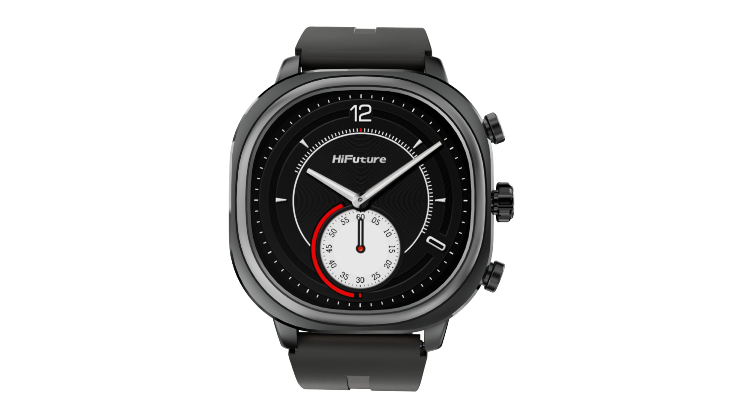 A black modern smartwatch with a black strap and metallic case.