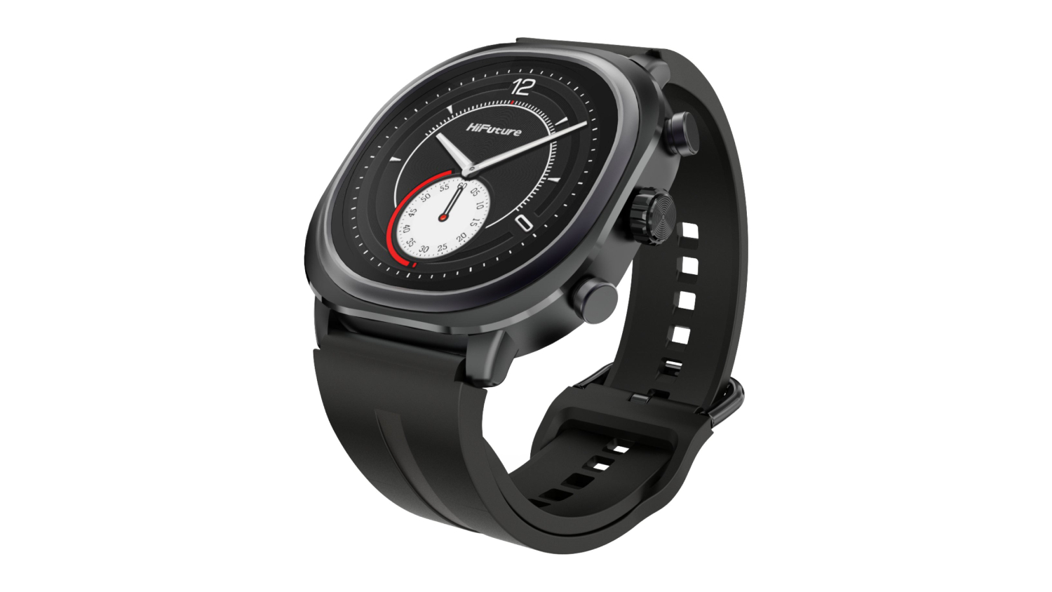 A side view of the smartwatch featuring two buttons.