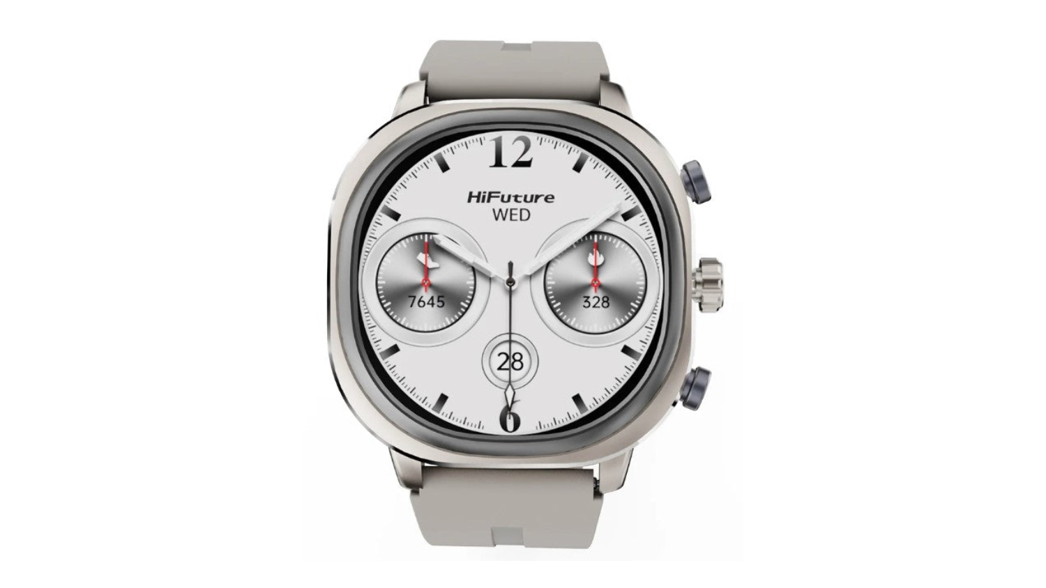 A silver modern smartwatch with a grey strap and metallic case, featuring two buttons on the right side.