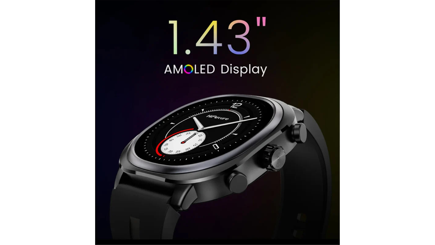 The watch, colourful text reads “1.43" AMOLED Display,” highlighting the screen size and technology.
