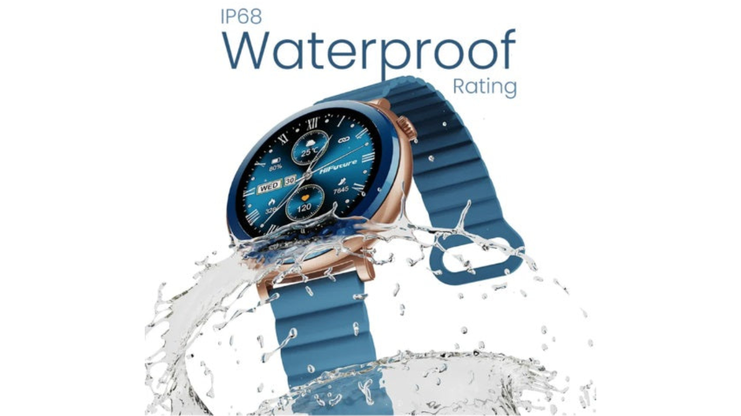 The smartwatch is partially submerged in water with visible splashes surrounding it, emphasising its waterproof feature.