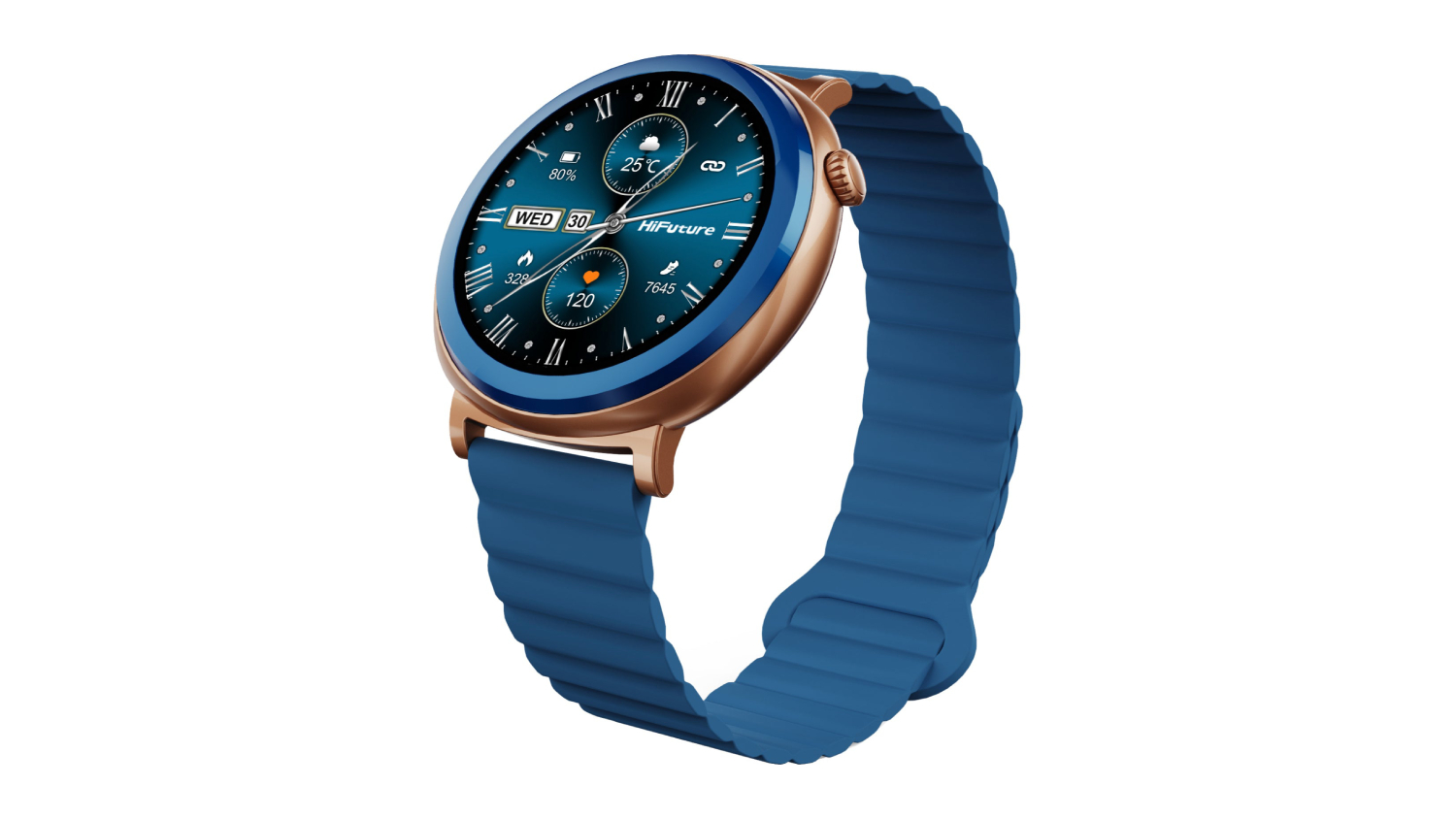 A HiFuture Aurora smartwatch with a round face and a blue strap.