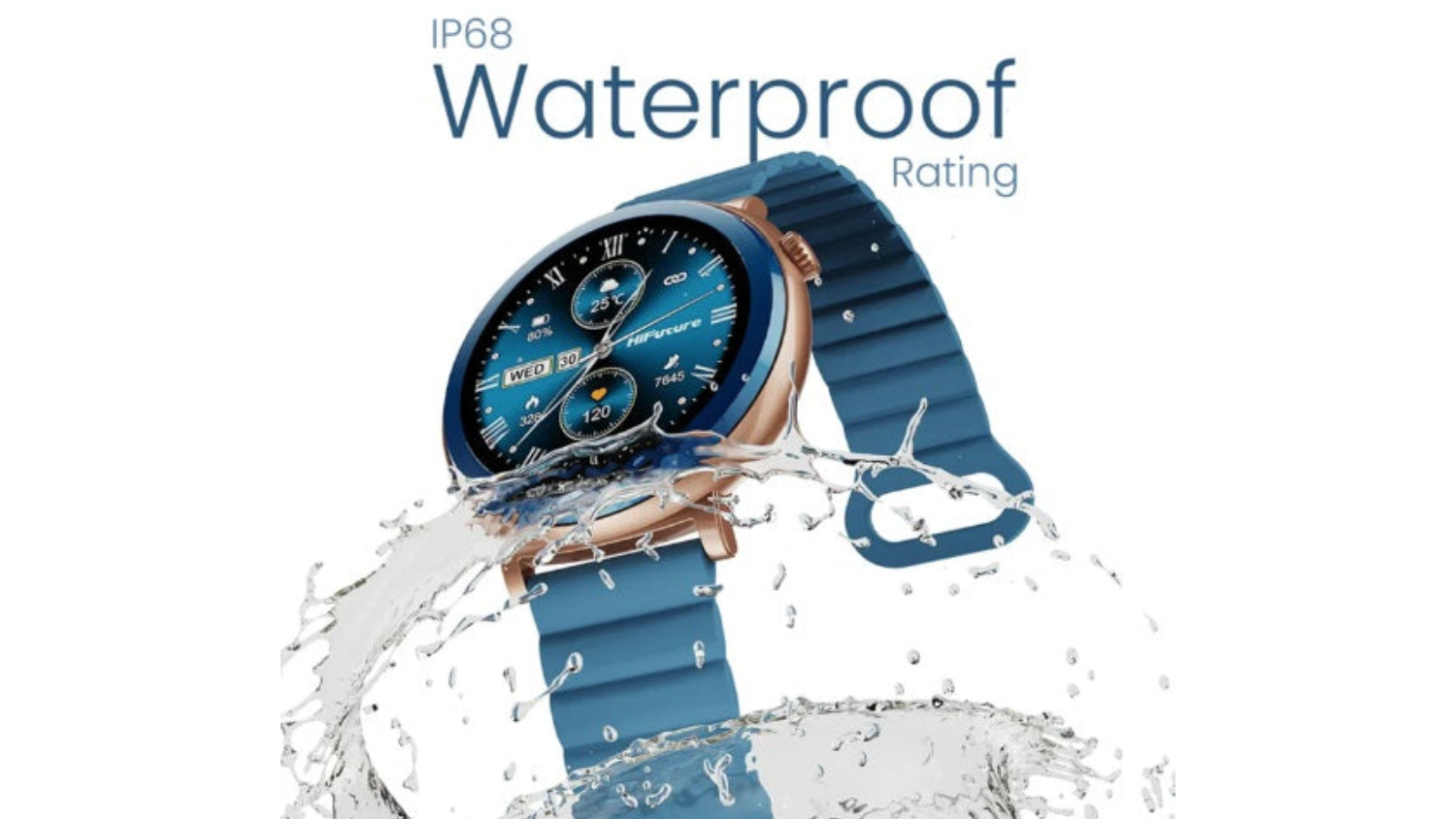 The smartwatch is partially submerged in water with visible splashes surrounding it, emphasising its waterproof feature.