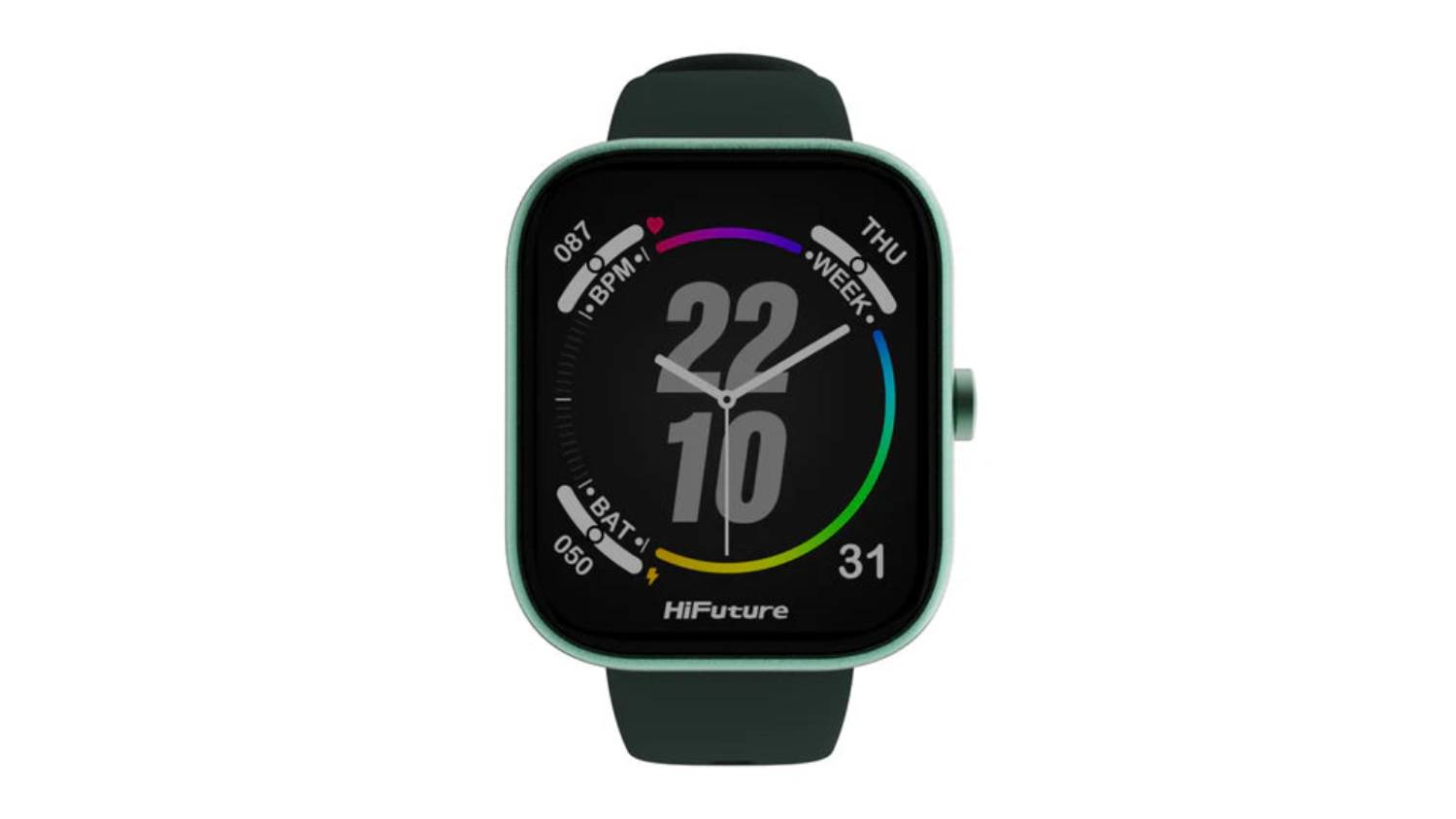 A close-up shot of HiFuture dark green smartwatch.