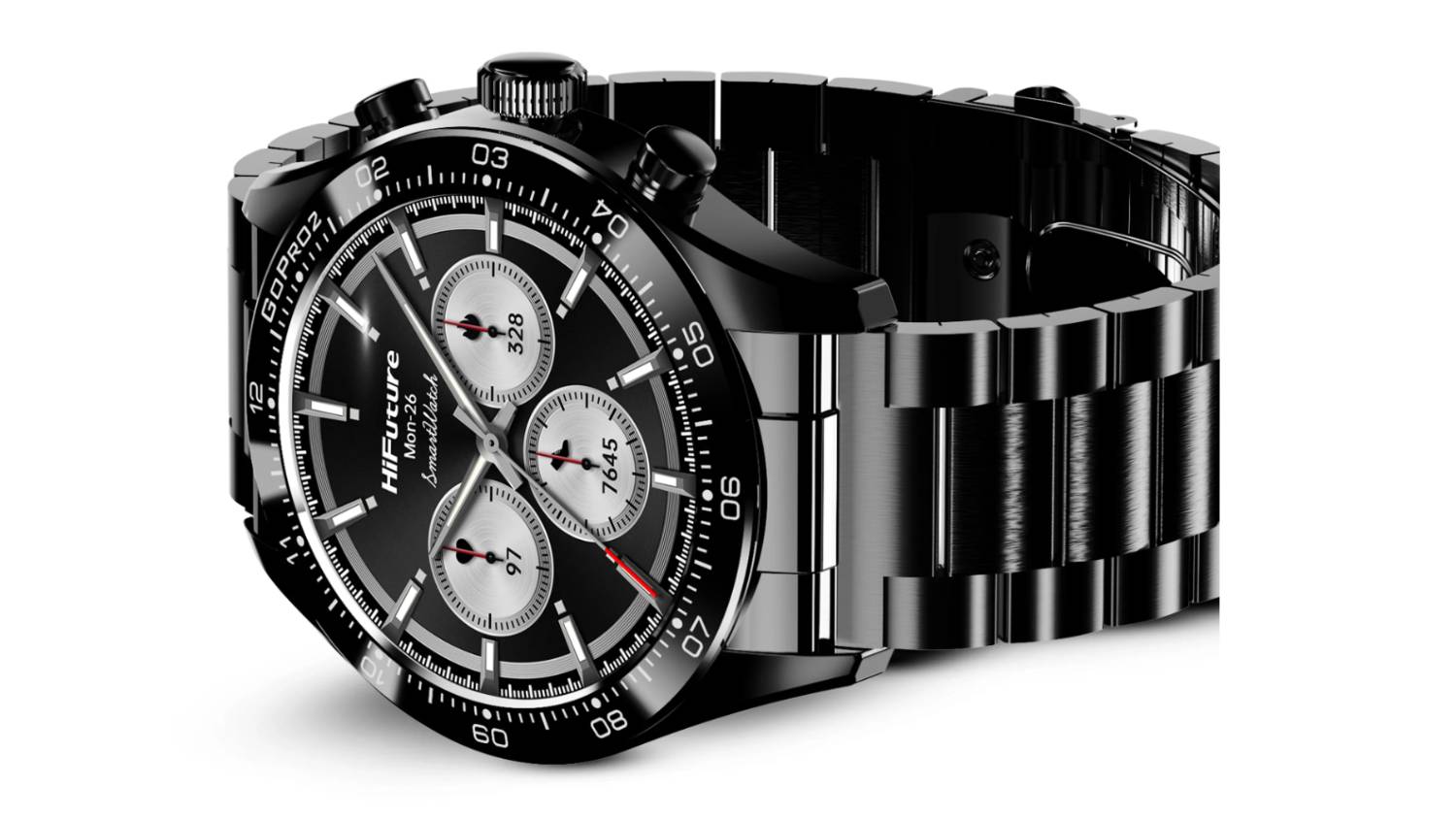 A black HiFuture smartwatch with metal bracelet, three sub-dials, and tachymeter bezel.