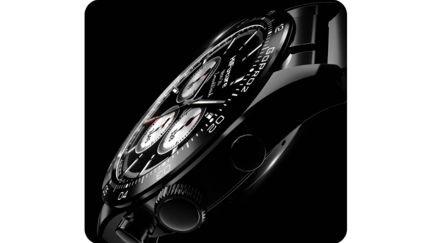 A side view close-up of HiFuture GO PRO2 watch showing crown and pushers in black finish.