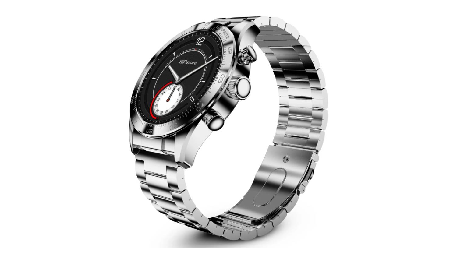 A silver HiFuture smartwatch showing visible gears through a transparent dial.