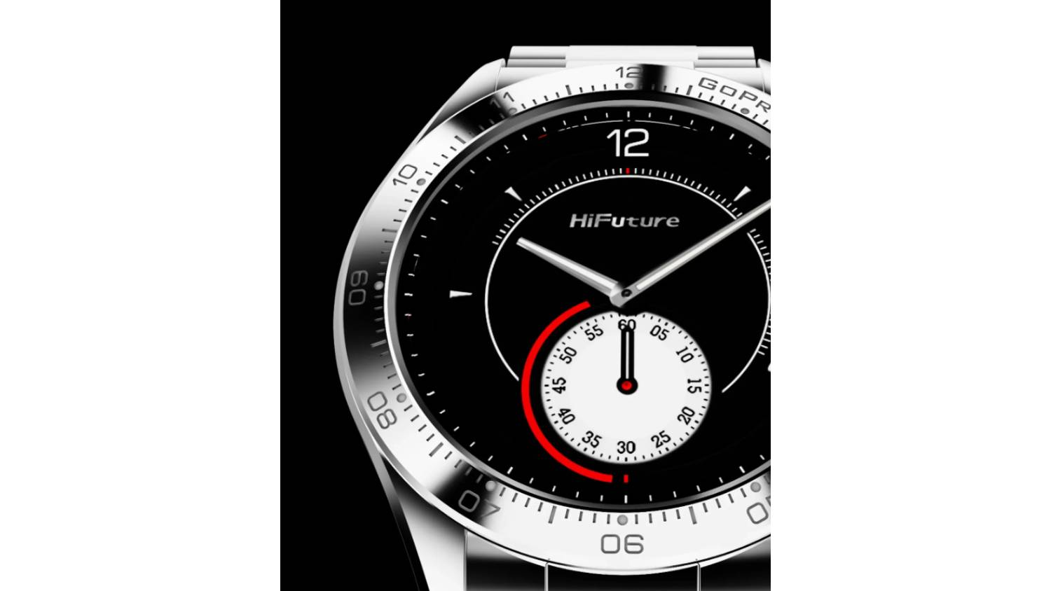 A close-up of HiFuture GO PRO2 watch face with white hands, and red-white sub-dial at 6 o'clock.