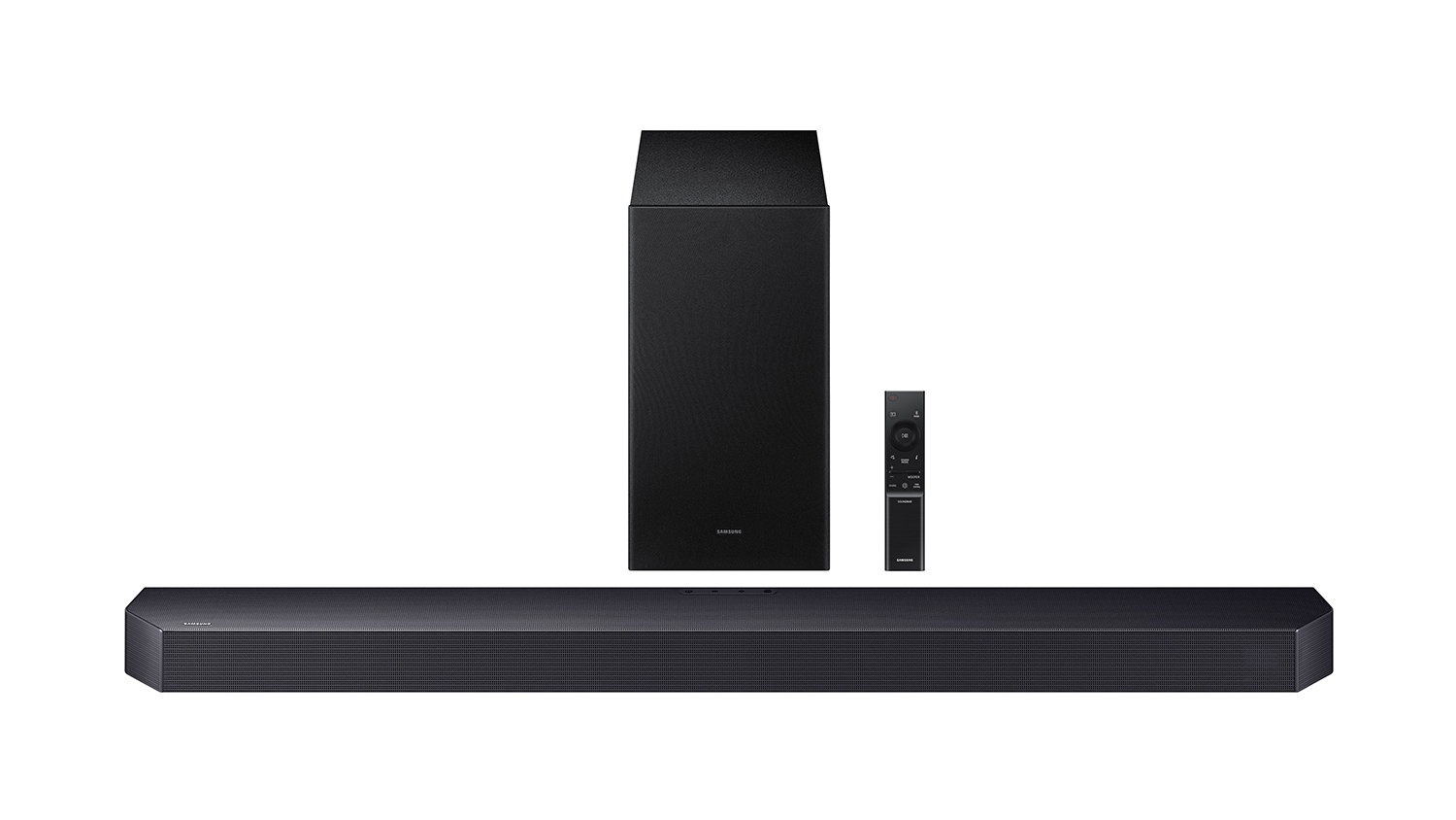 A full view of the Samsung HW-Q600F soundbar with a subwoofer and remote.
