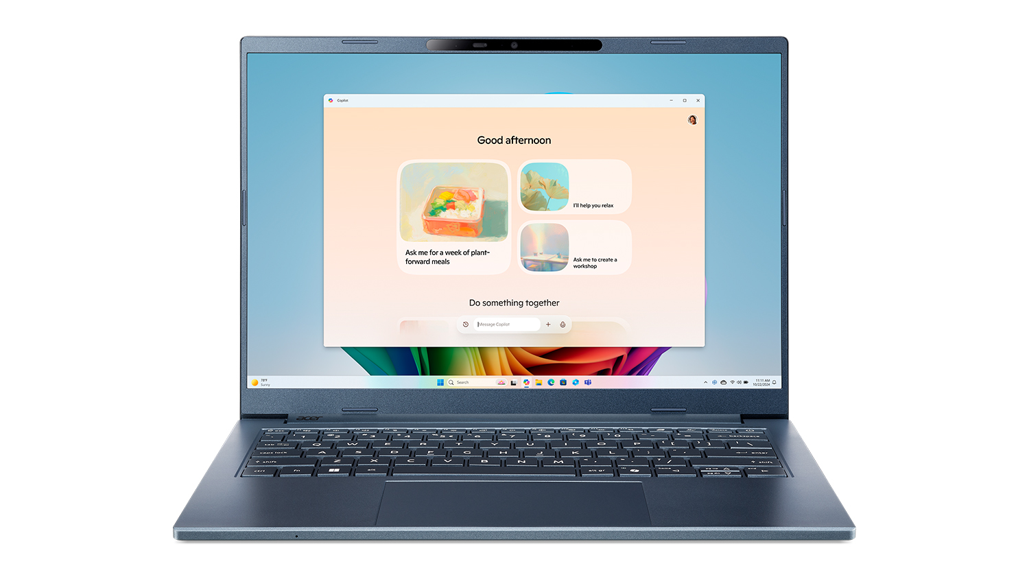 A head-on view of a blue Acer Aspire AI Laptop with a screen displaying a modern user interface with AI prompt.