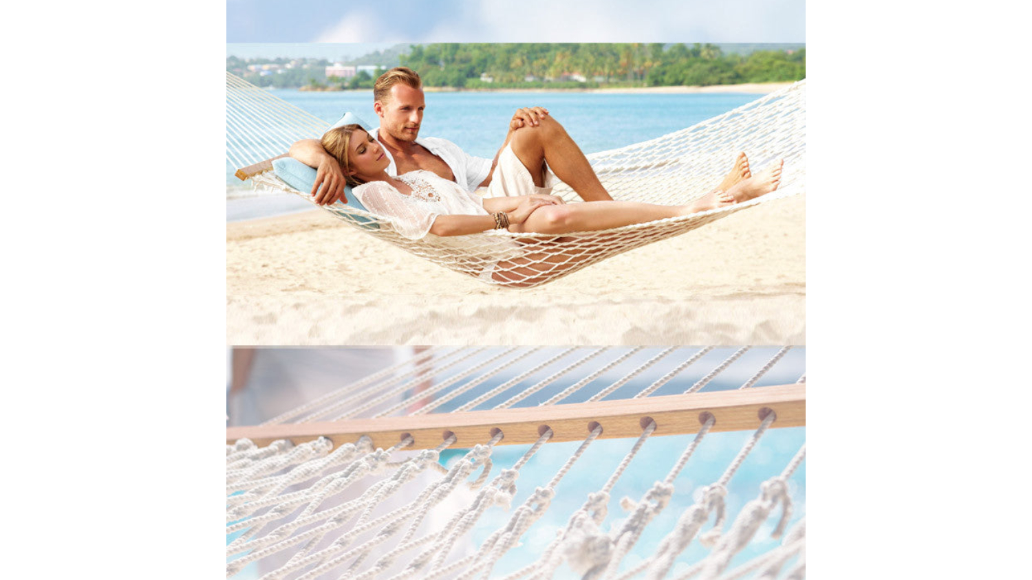 A couple lies on a white net hammock on a sandy beach.