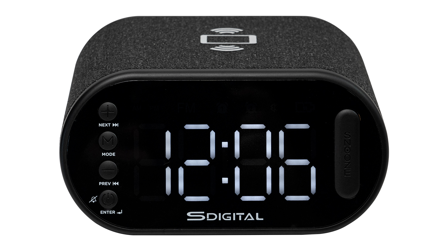 Front view of a modern, compact S-Digital Alarm Clock.