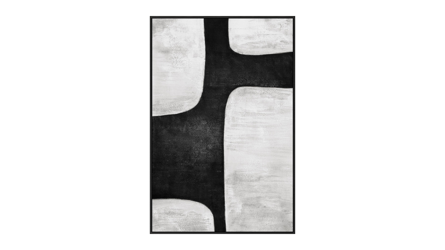 A vertical abstract wall art with a monochrome design and large, connecting shapes.