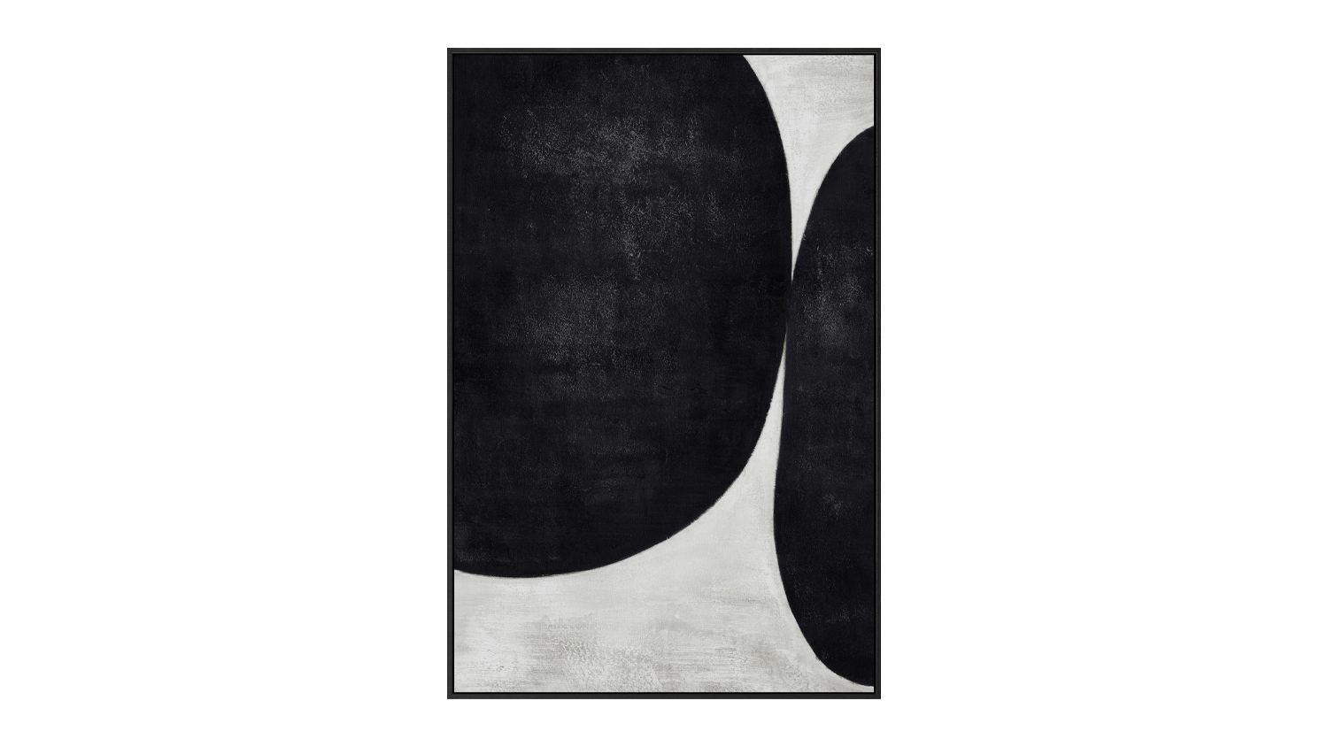 A front view of an abstract painting that showcases two black round objects painted on a white background